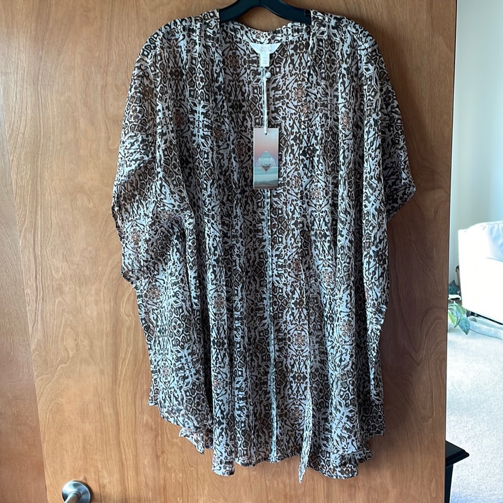 Sun & Shadow ivory and brown sheer swim coverup NWT